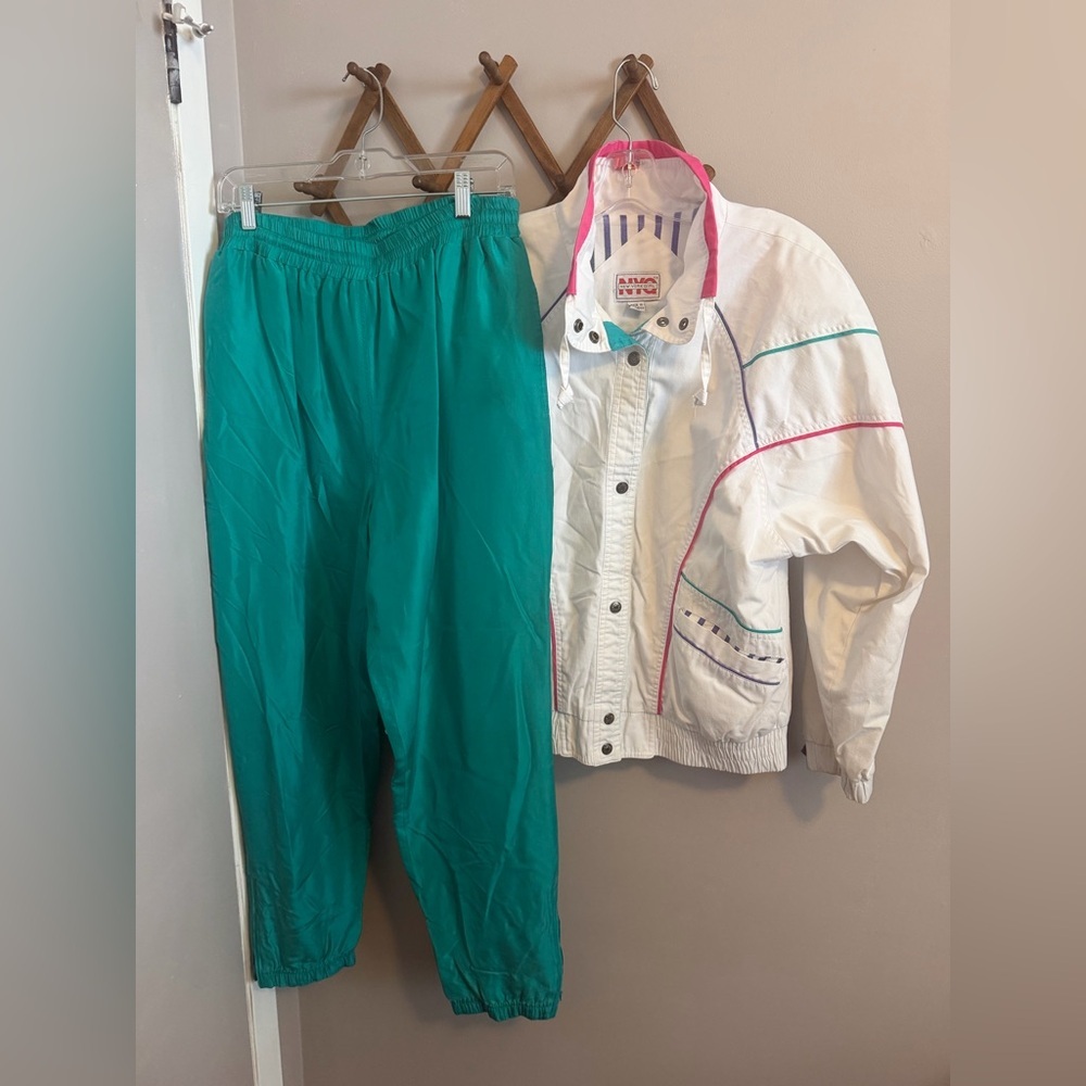 Vtg 90s Colorblock Cotton Jacket & Silk Joggers Bundle White Teal L
